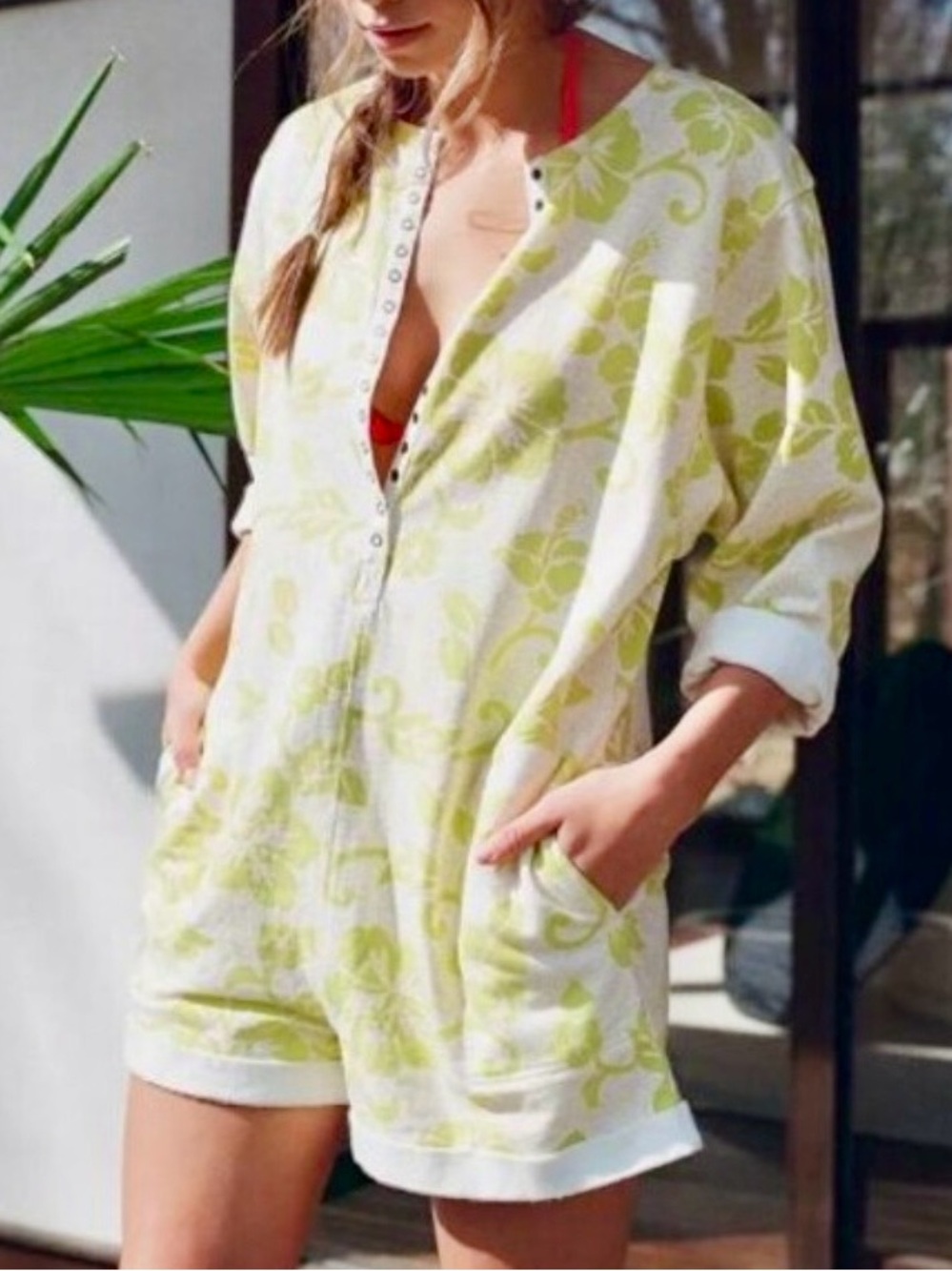 Out From Under Light Green Floral Cotton Romper with Snap Closer and Pockets